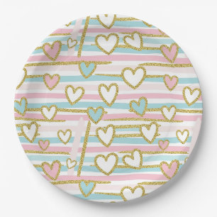 Cute Romantic Hearts and Pastel Stripes Gold Paper Plate