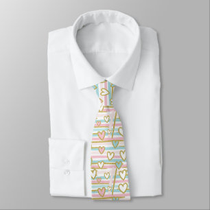Cute Romantic Hearts and Pastel Stripes Gold Tie