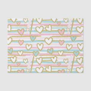 Cute Romantic Hearts and Pastel Stripes Gold Tissue Paper