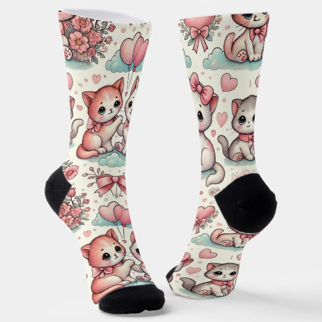 Cute Romantic Kitten Socks – Adorable Pastel (Angled)