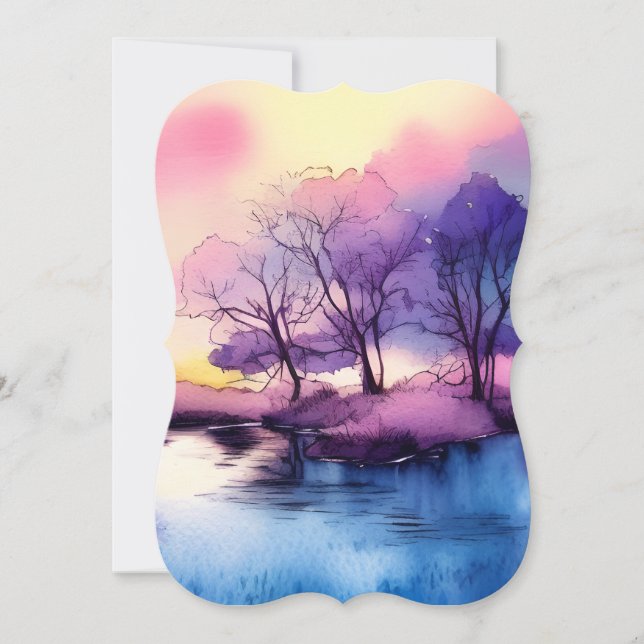 Cute Romantic Lake Landscape Watercolor Card (Front)