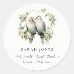 Cute Romantic Love Birds Botanical Wreath Address Classic Round Sticker