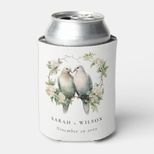 Cute Romantic Love Birds Botanical Wreath Wedding Can Cooler