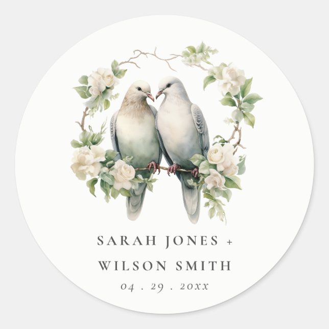 Cute Romantic Love Birds Botanical Wreath Wedding Classic Round Sticker (Front)