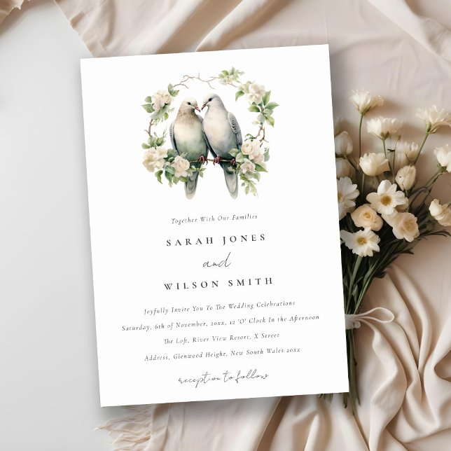 Cute Romantic Love Birds Botanical Wreath Wedding Invitation (Creator Uploaded)