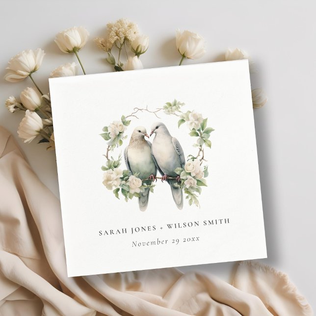 Cute Romantic Love Birds Botanical Wreath Wedding Napkin (Creator Uploaded)