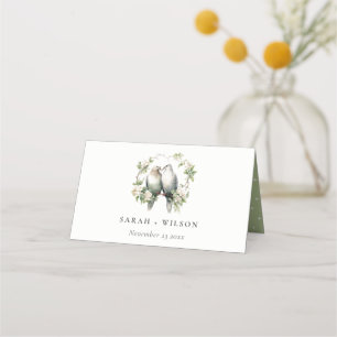 Cute Romantic Love Birds Botanical Wreath Wedding Place Card