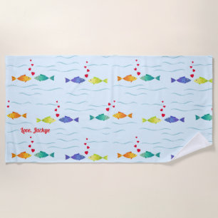 Cute Romantic Ocean Fish in Love Beach Towel