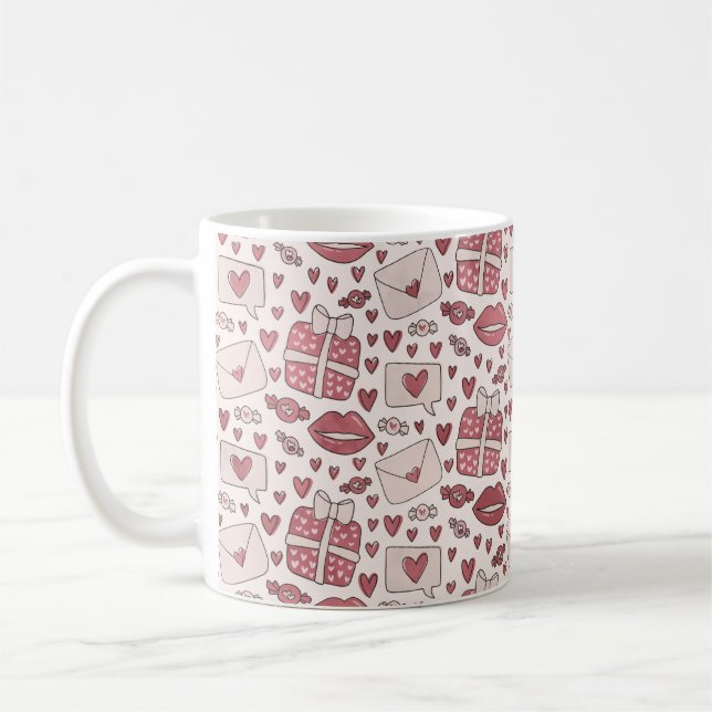 Cute Romantic Pink Hearts Kisses Coffee Mug (Left)