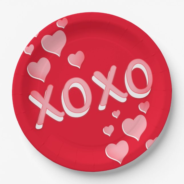 Cute Romantic Red Pink Hearts XOXO Paper Plate (Front)