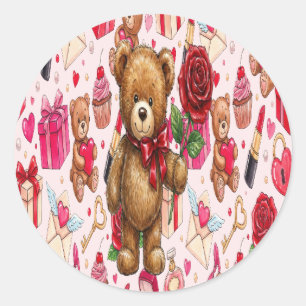 Cute Romantic Red & Pink Watercolor Love Pattern Classic Round Sticker