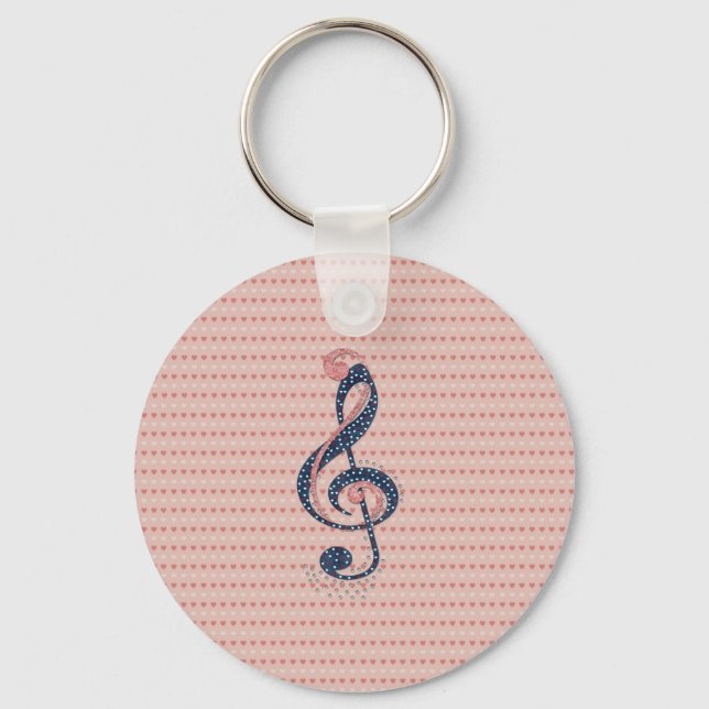 Cute romantic red white hearts blue music note key ring (Front)