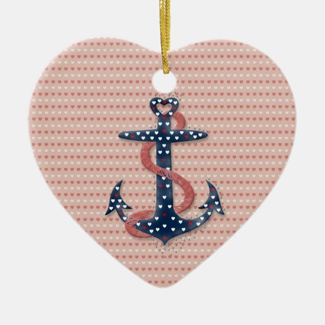 Cute romantic valentines hearts anchor ceramic ornament (Front)