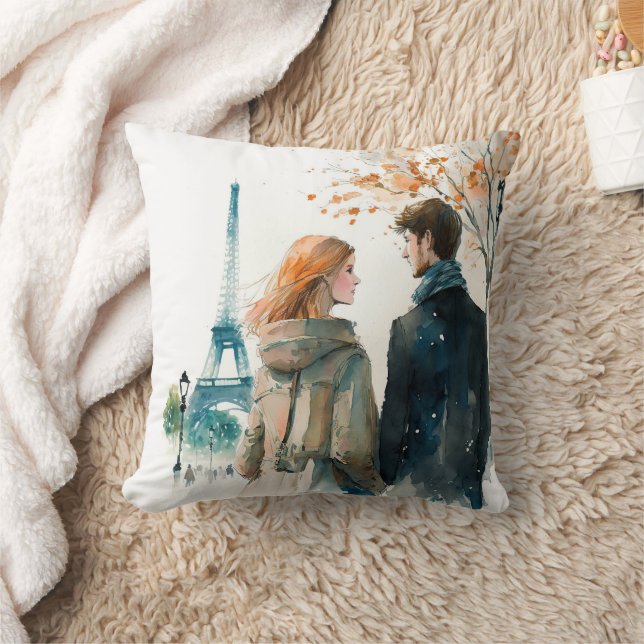 Cute Romantic Watercolor Couples in Paris  Cushion (Blanket)