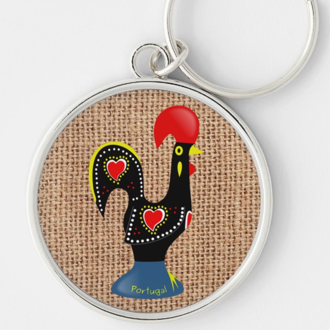 Cute Rooster Barcelos Portugal Burlap background Key Ring (Front)