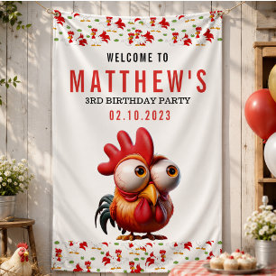 Cute Rooster Caricatures 3rd Birthday Party Banner