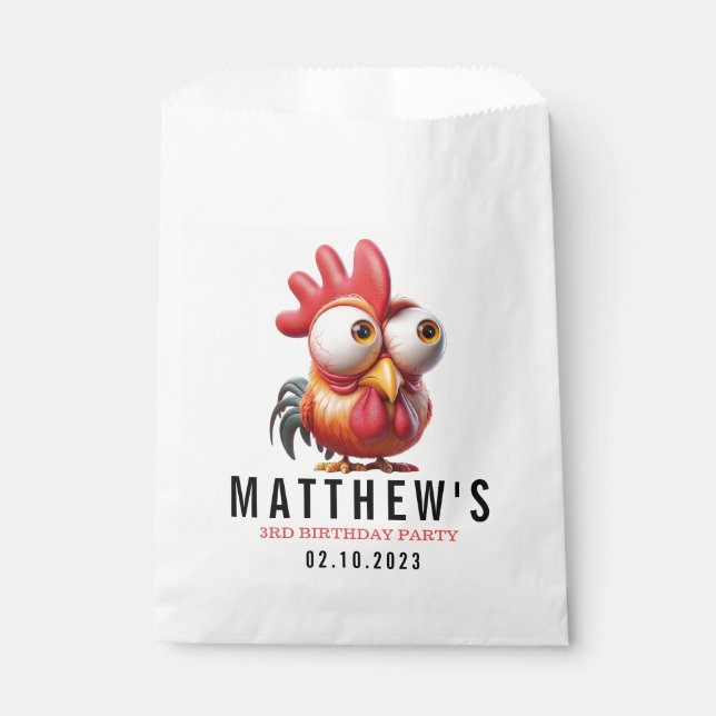 Cute Rooster Caricatures 3rd Birthday Party Favour Bag (Front)