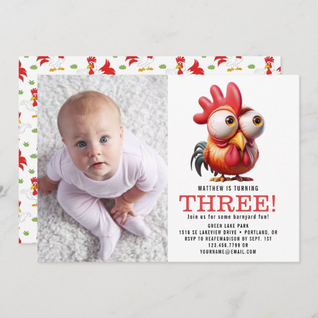 Cute Rooster Caricatures 3rd Birthday Party Invitation (Front/Back)