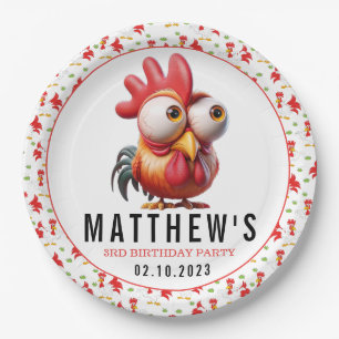 Cute Rooster Caricatures 3rd Birthday Party Paper Plate