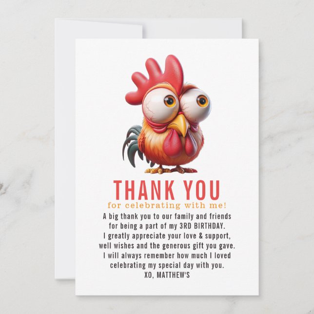 Cute Rooster Caricatures 3rd Birthday Party Thank You Card (Front)