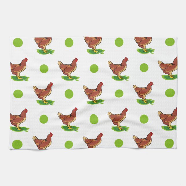 Cute Rooster, Chicken, Green Polka Dots Tea Towel (Horizontal)