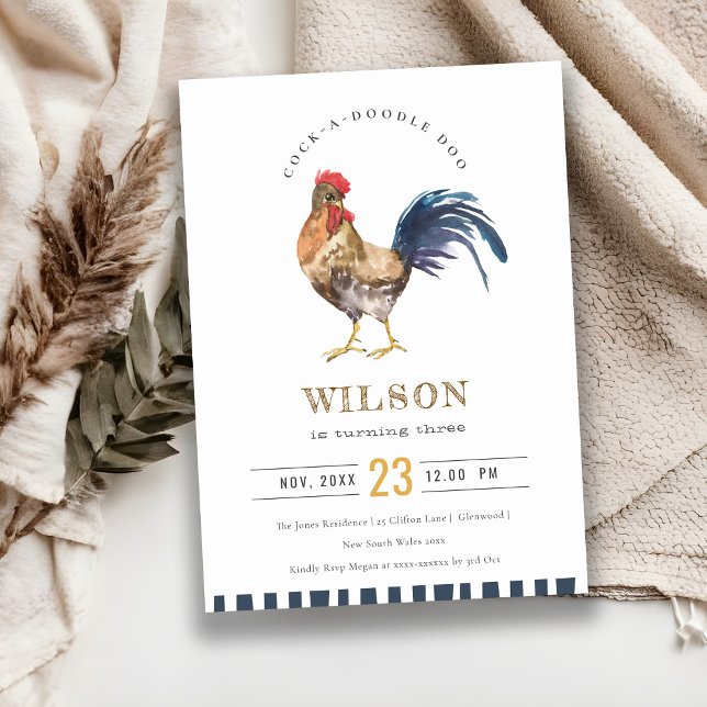 Cute Rooster Farm Watercolor Kids Birthday Invite (Creator Uploaded)