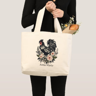 Cute rooster lovers add name  large tote bag