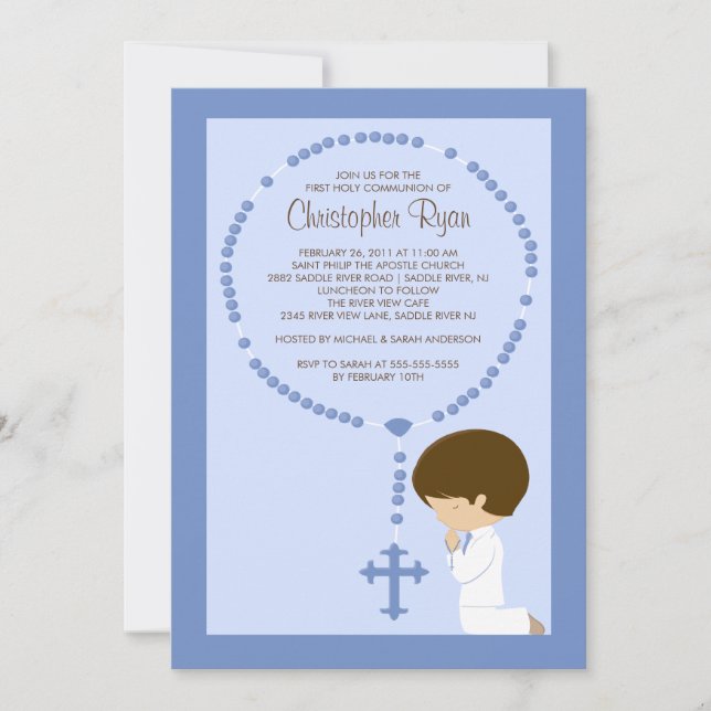 Cute Rosary First Communion Invitation Boy Blue (Front)