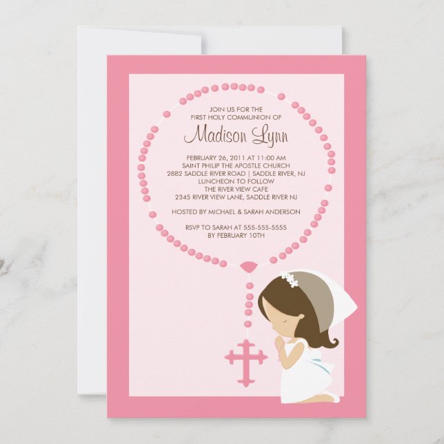 Cute Rosary First Communion Invitation Girl Pink (Front)