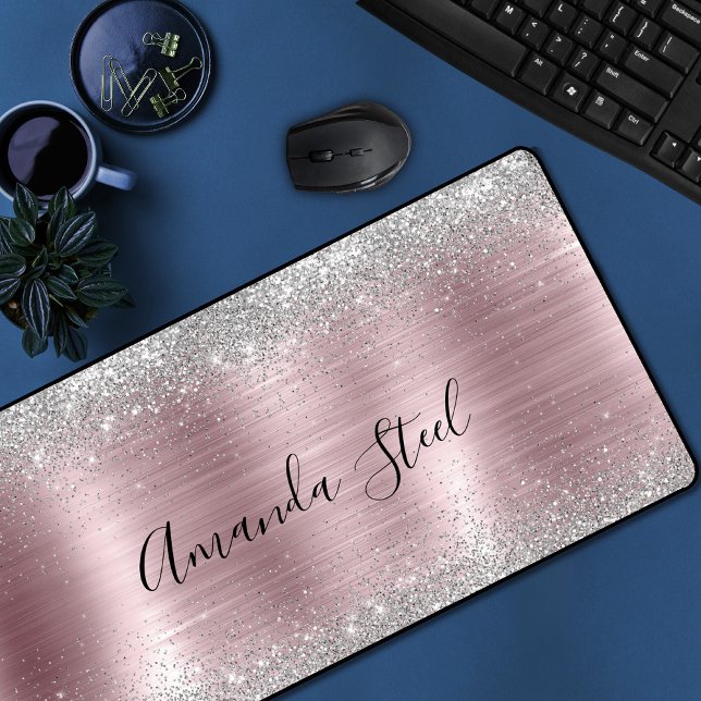Cute rose blush silver faux glitter desk mat (Creator Uploaded)