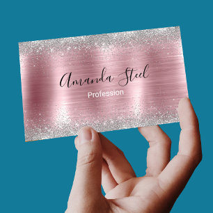 Cute rose blush silver faux glitter Magnetic business card