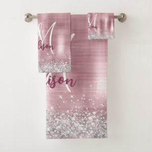 Cute rose blush silver faux glitter monogram bath towel set