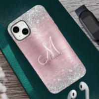 Cute rose blush silver faux glitter monogram