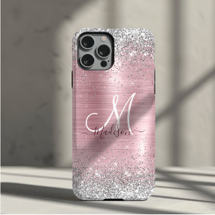 Cute rose blush silver faux glitter monogram iPhone 11 pro case