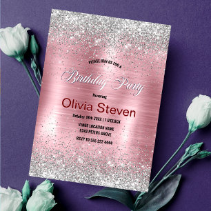 Cute rose blush silver faux glitter monogram invitation