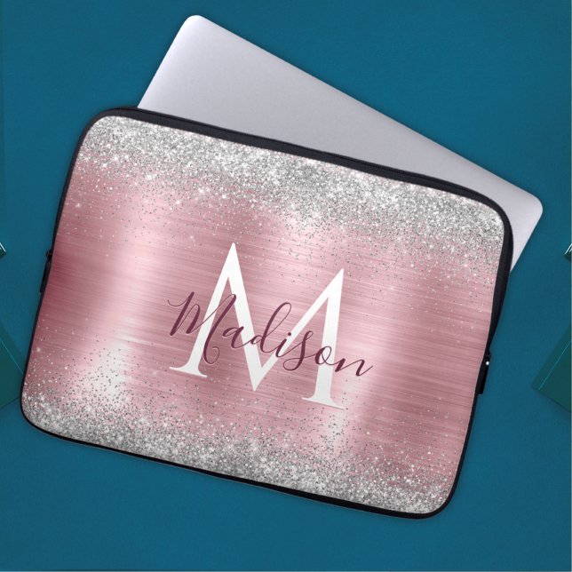 Cute rose blush silver faux glitter monogram laptop sleeve (Creator Uploaded)