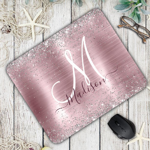 Cute rose blush silver faux glitter monogram mouse pad