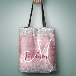 Cute rose blush silver faux glitter monogram tote bag