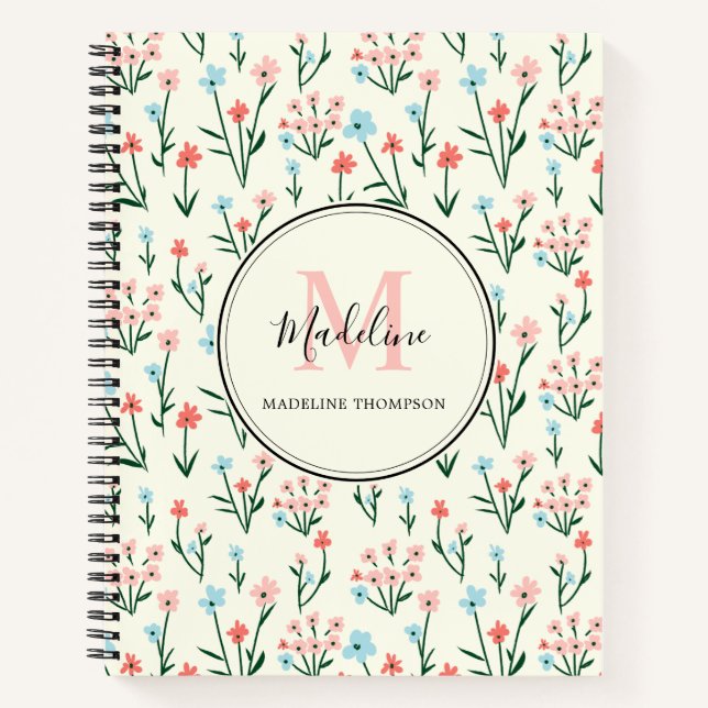 Cute Rose Flower Ivory Pink Monogram Notebook (Front)
