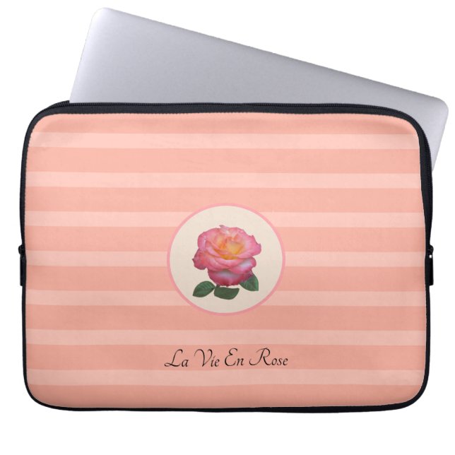 Cute Rose Flower on Coral Pink Striped Laptop Sleeve (Front)
