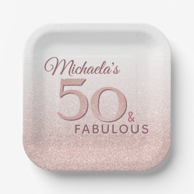 Cute Rose Gold 50 Fabulous Name 50th Birthday Paper Plate (Front)