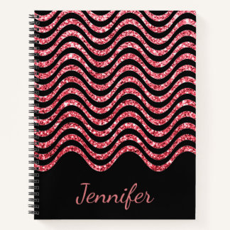 Cute Rose Gold Black Glitter Chevron Personalised Notebook