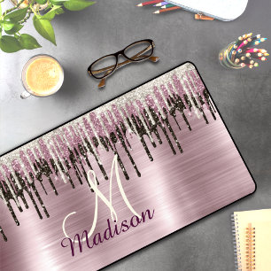 Cute Rose gold Brown Glitter Drips monogram Desk Mat