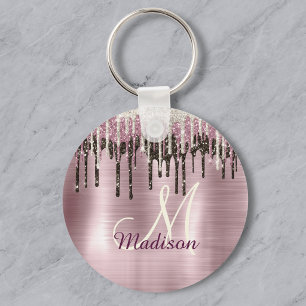 Cute Rose gold Brown Glitter Drips monogram Key Ring