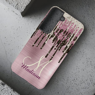 Cute Rose gold Brown Glitter Drips monogram Samsung Galaxy Case