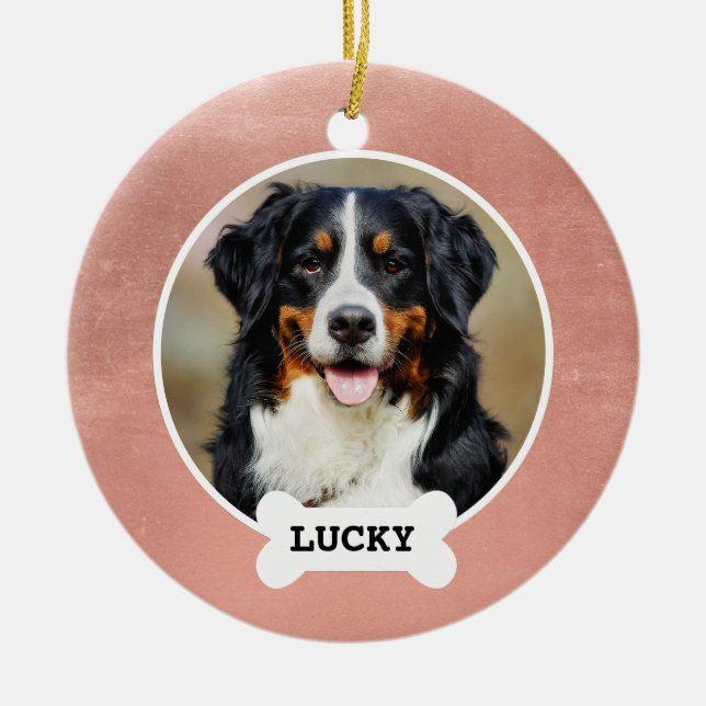 Cute Rose Gold Brushed Metal Name Pet Photo Ceramic Ornament (Front)
