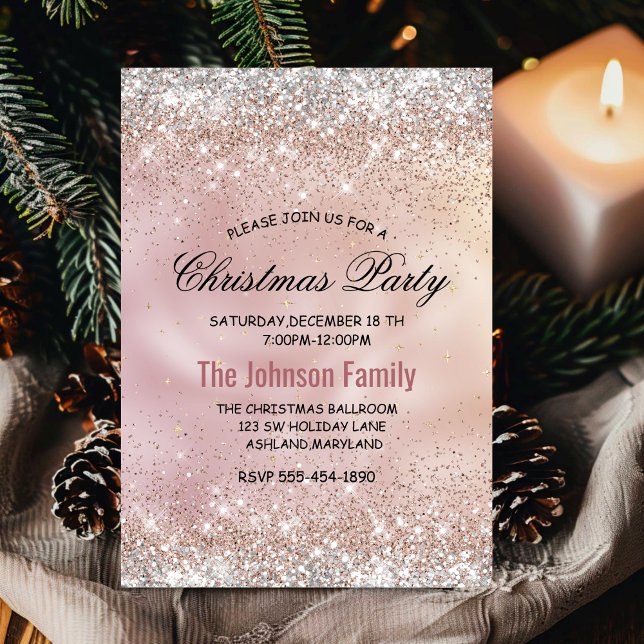 Cute rose gold faux silver glitter Christmas  Invitation (Creator Uploaded)