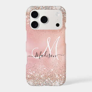 Cute rose gold faux silver glitter monogram