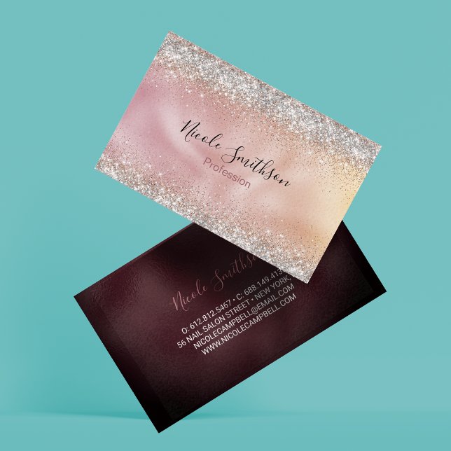 Cute rose gold faux silver glitter monogram business card (Creator Uploaded)