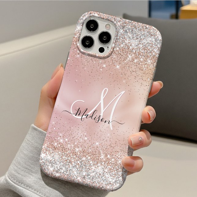 Cute rose gold faux silver glitter monogram Case-Mate iPhone case (Creator Uploaded)